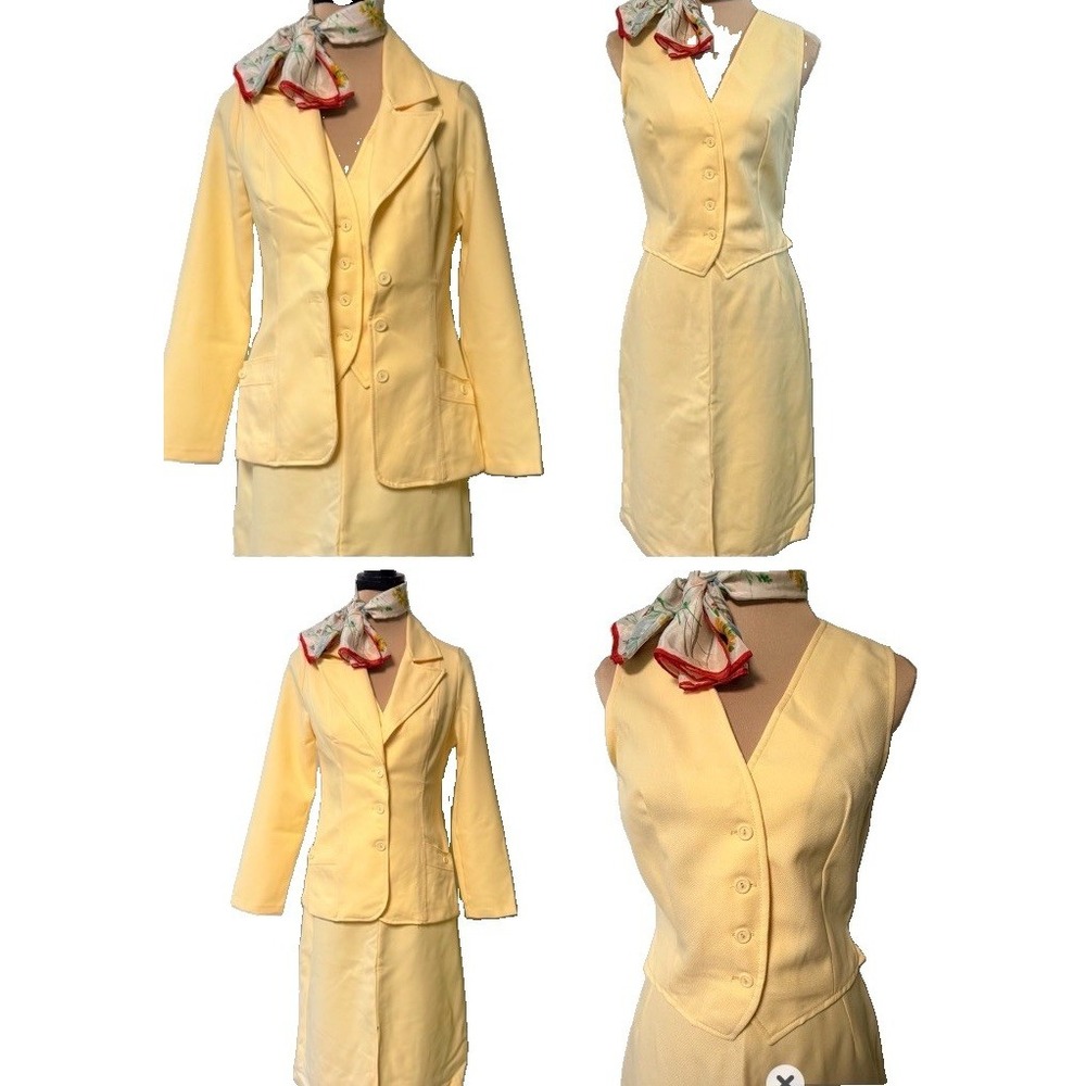 Vintage Womens 1960s 3 Pc Butter Yellow Suit S/M 60s Jacket Vest Jackie Kennedy